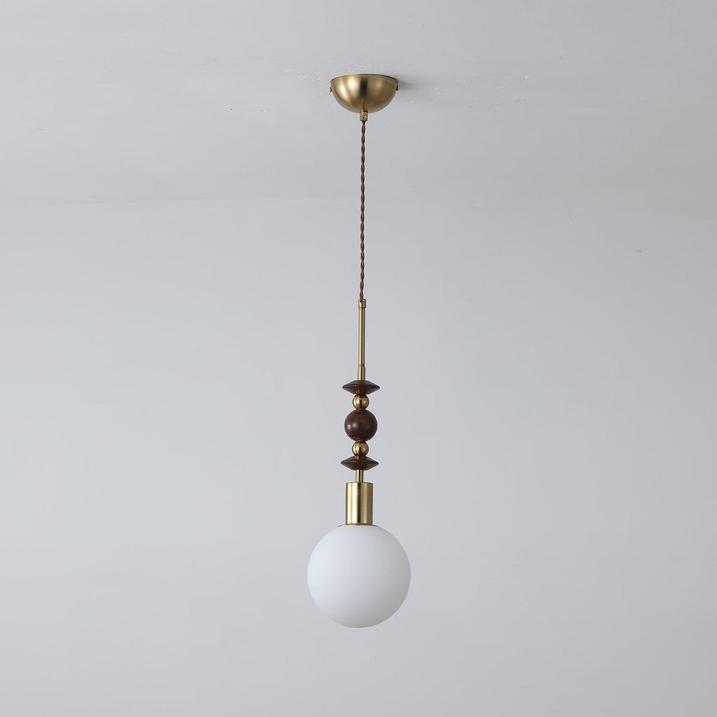 Wood-bead pendant light with glass shade and slim cable