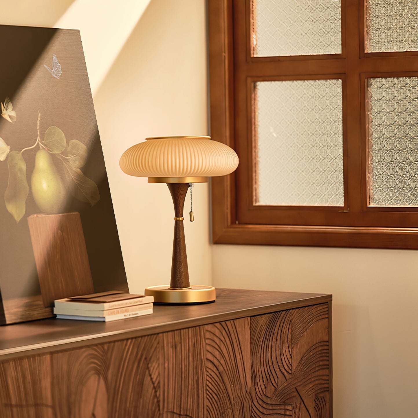 Mushroom-cap table lamp shown lit on a console surface