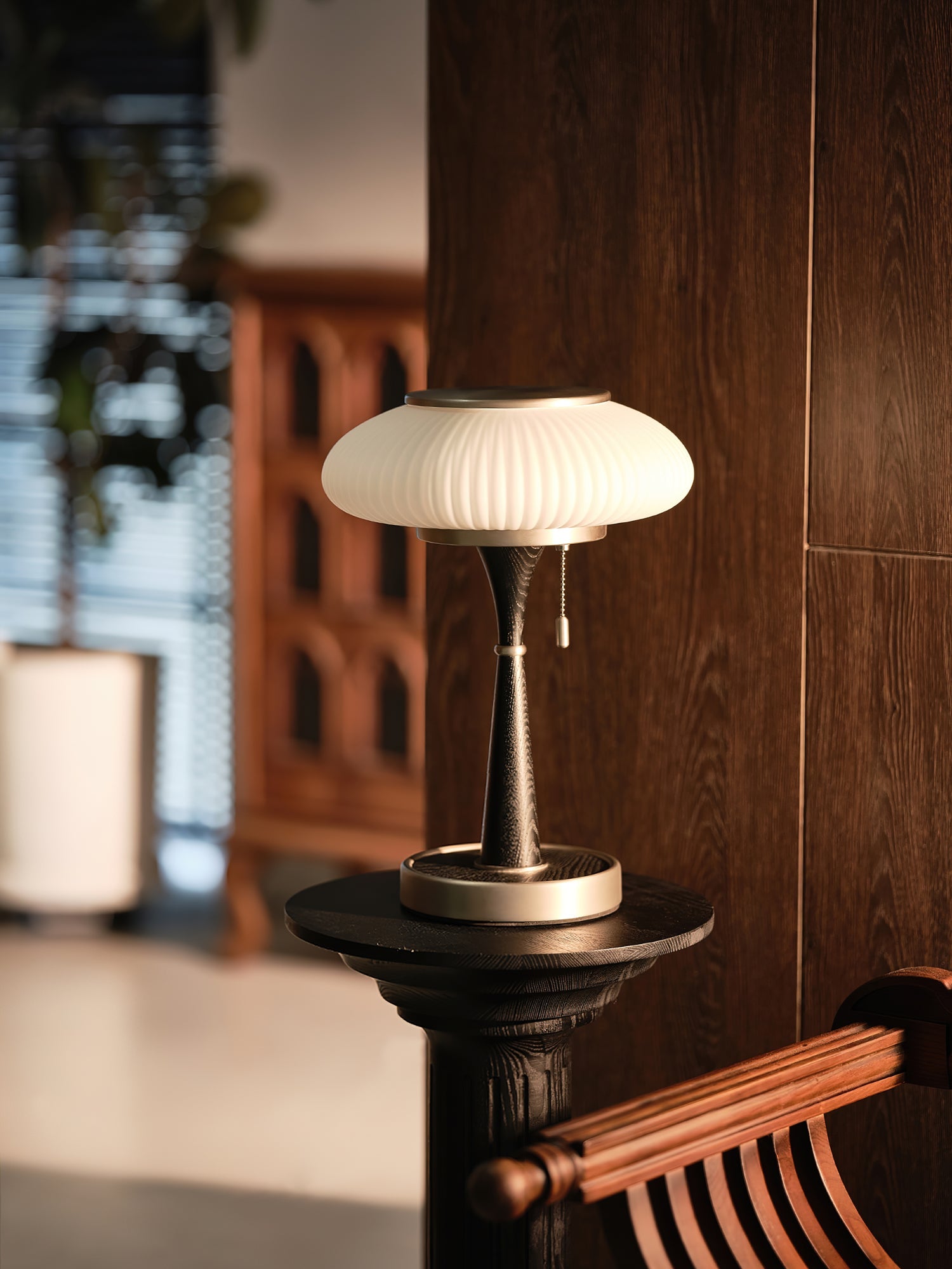 Matsutake table lamp detail showing textured mushroom shade