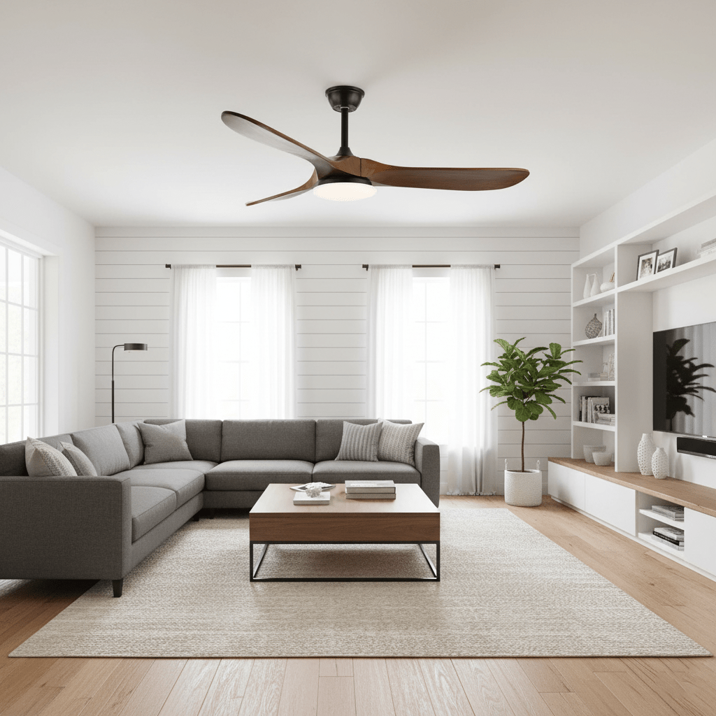 Ceiling fan light close-up showing blade finish and light panel