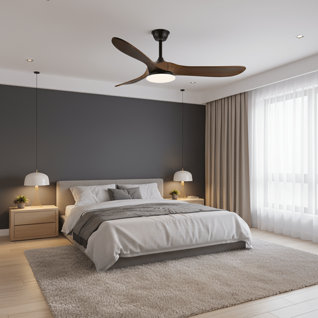 Maverick ceiling fan light detail with wood blades and metal frame