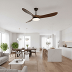 Ceiling fan light detail showing wood blade grain and finish