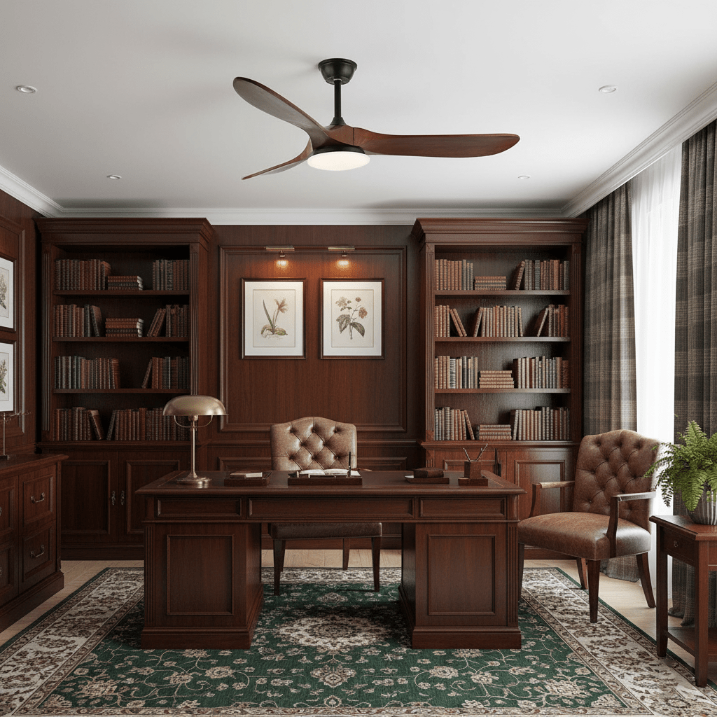 Wood-blade ceiling fan light with glowing central LED detail