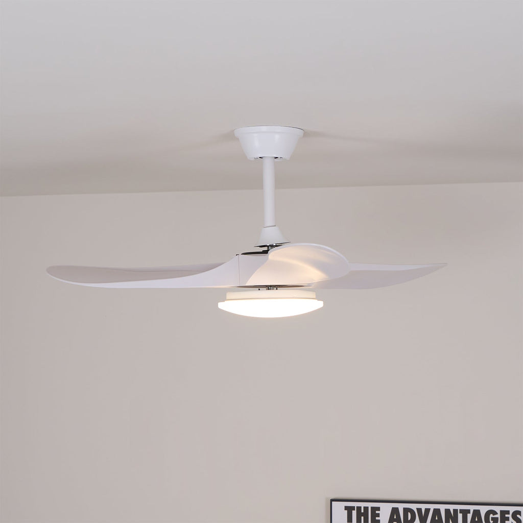 Wood-grain ceiling fan light with integrated LED in a living room