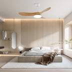 Wood-blade ceiling fan light shown lit in a modern room