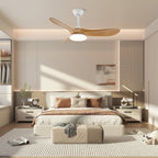 Wooden ceiling fan light glowing warm above a styled interior