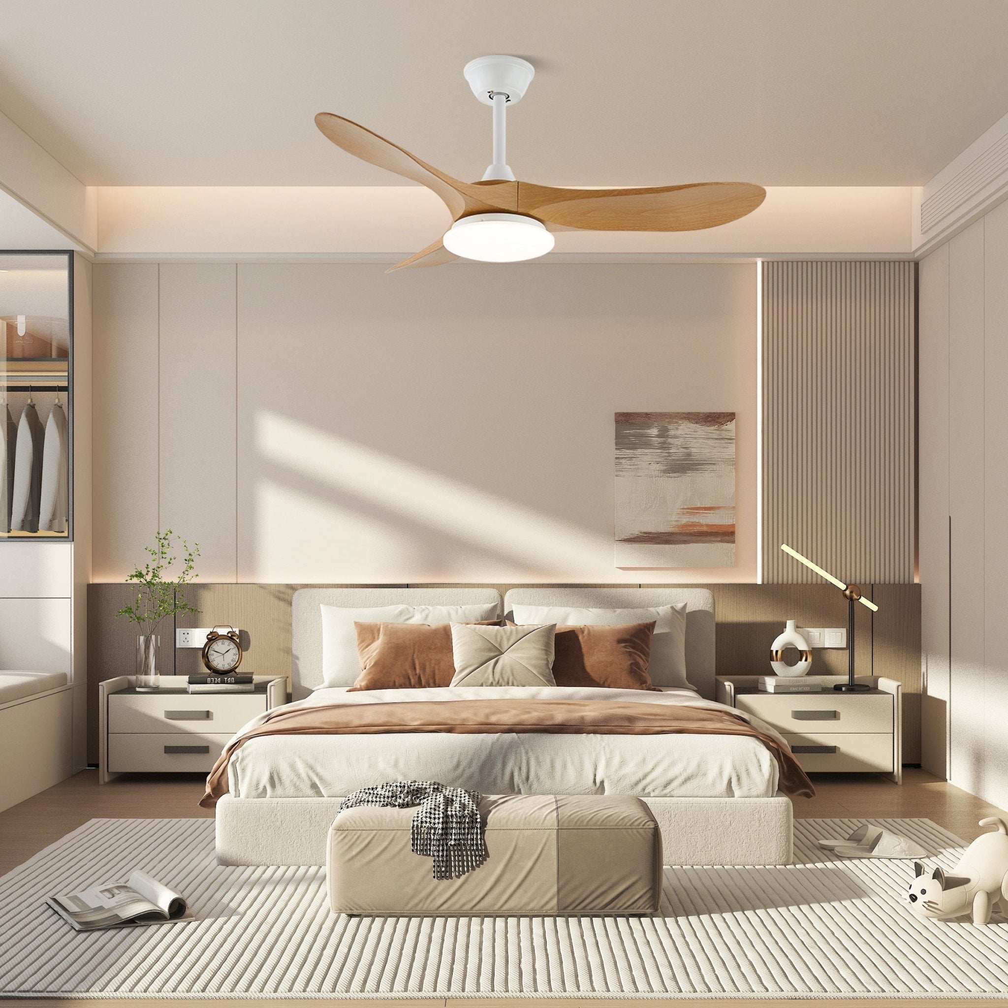 Wooden ceiling fan light glowing warm above a styled interior
