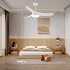 Ceiling fan light with wooden blades over a cosy living space