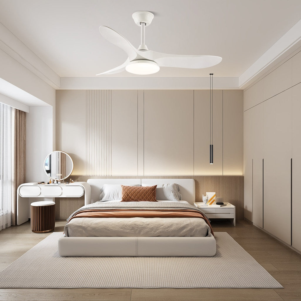 Ceiling fan light with solid wood blades and slim metal housing