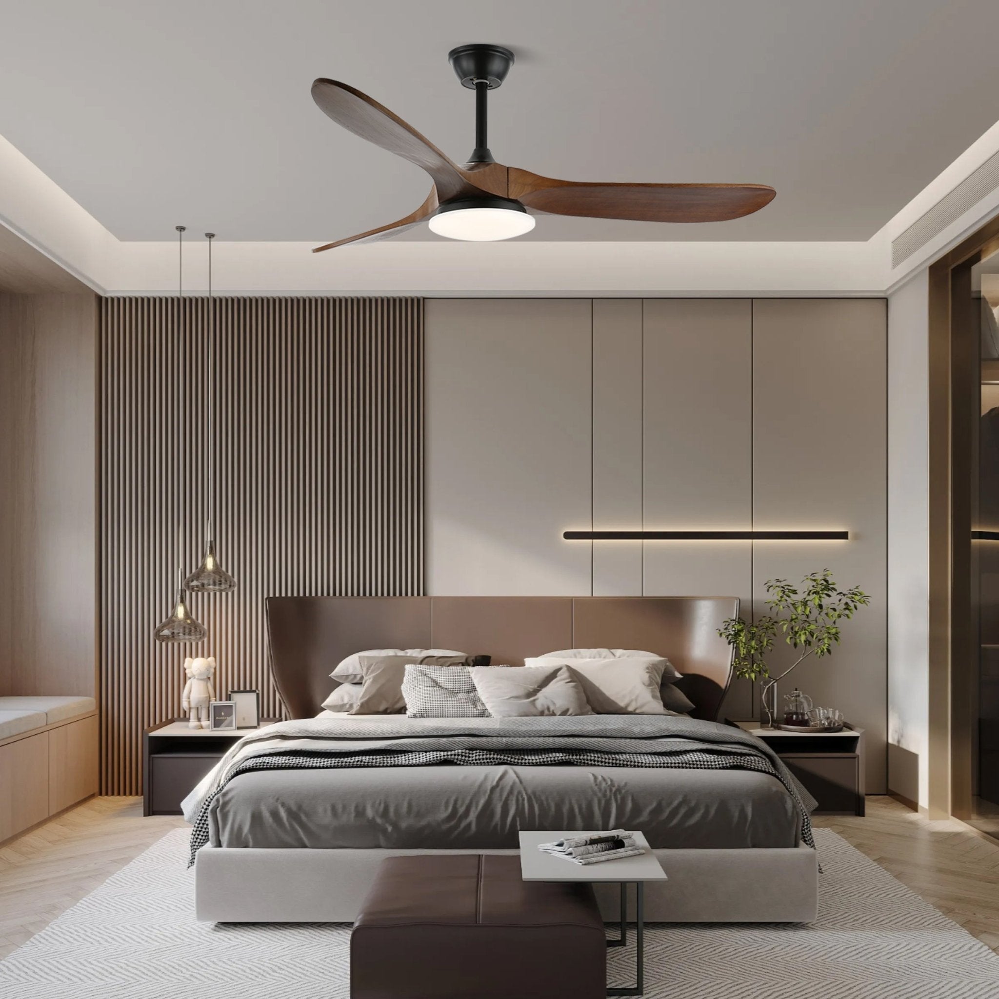 Wood-blade ceiling fan light over a warm interior setting