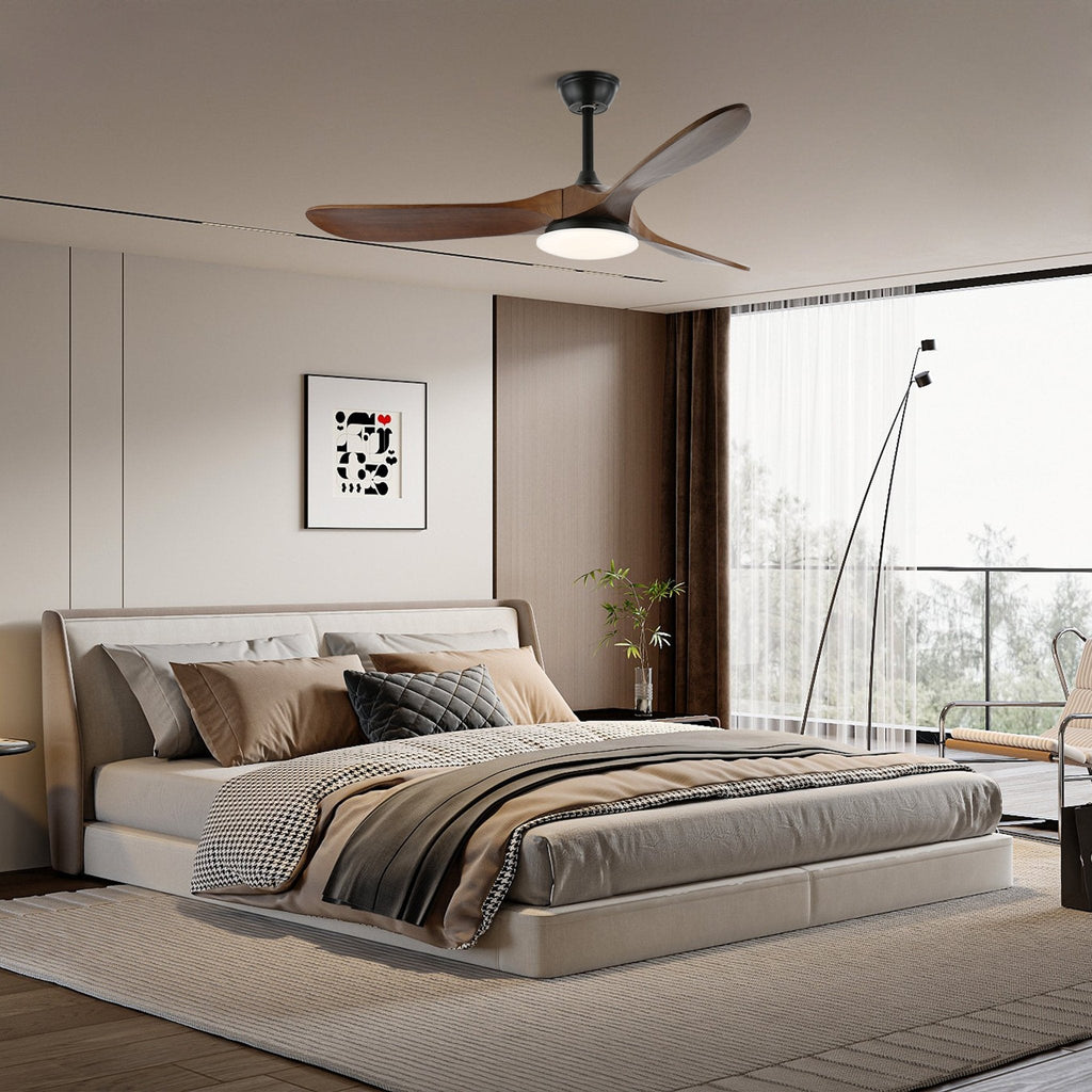 Ceiling fan light with natural wood blades in a bright interior