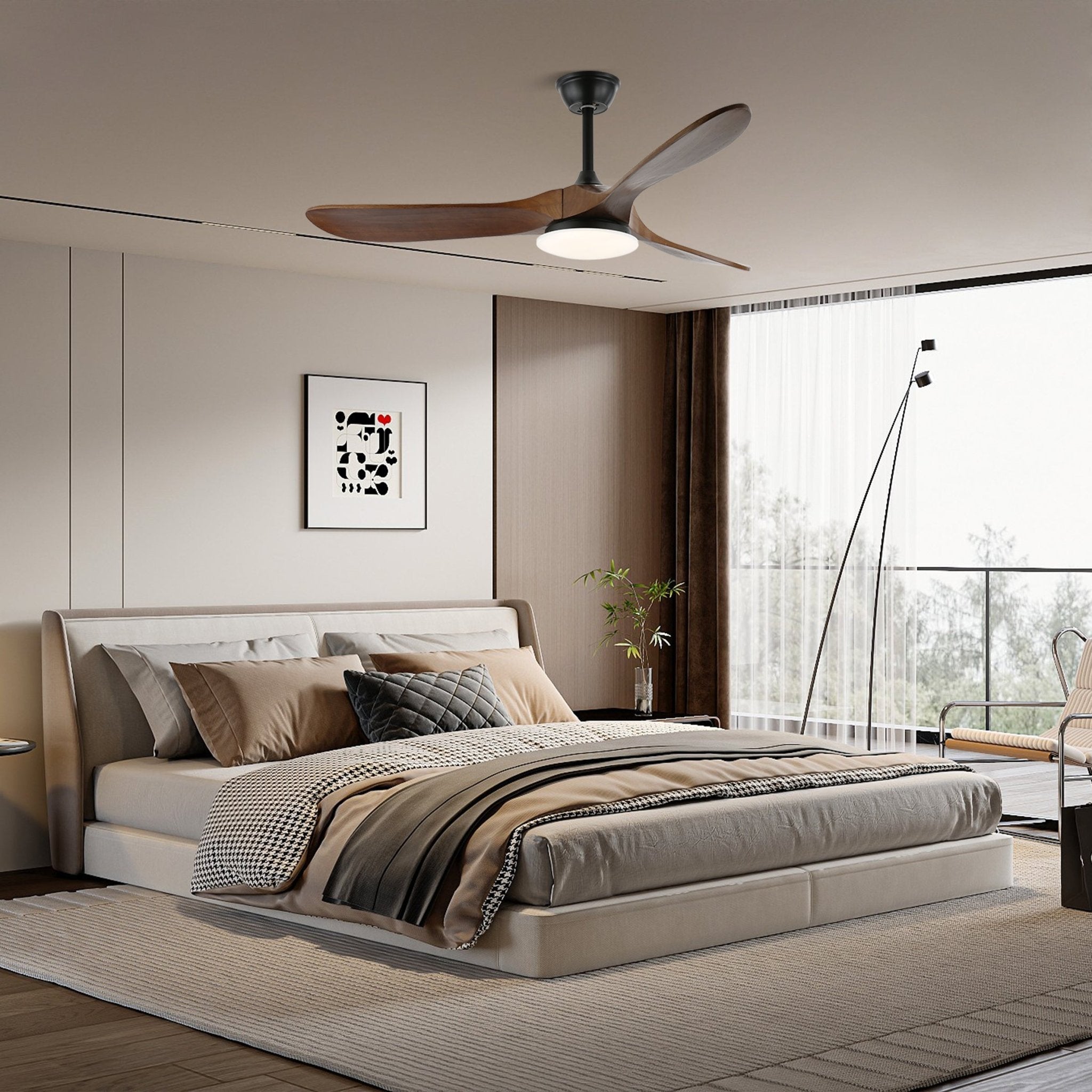 Ceiling fan light with natural wood blades in a bright interior