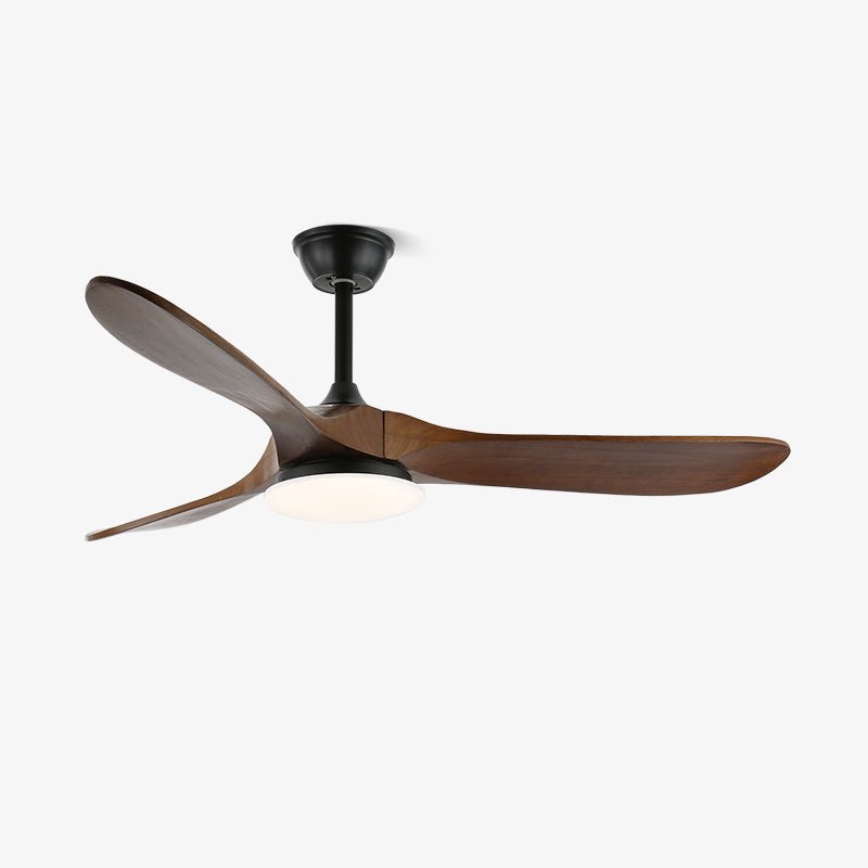 Maverick ceiling fan light with wood blades in a furnished room