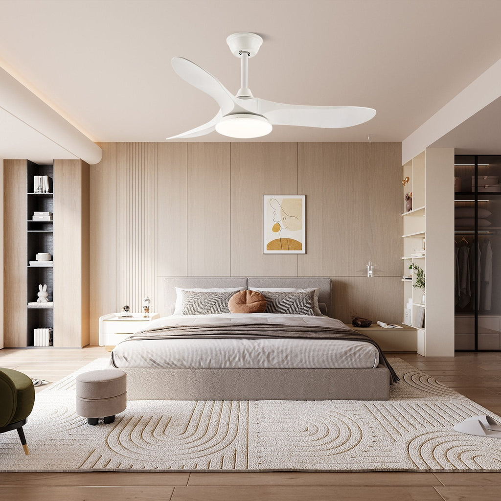 Solid wood ceiling fan light viewed against a pale ceiling