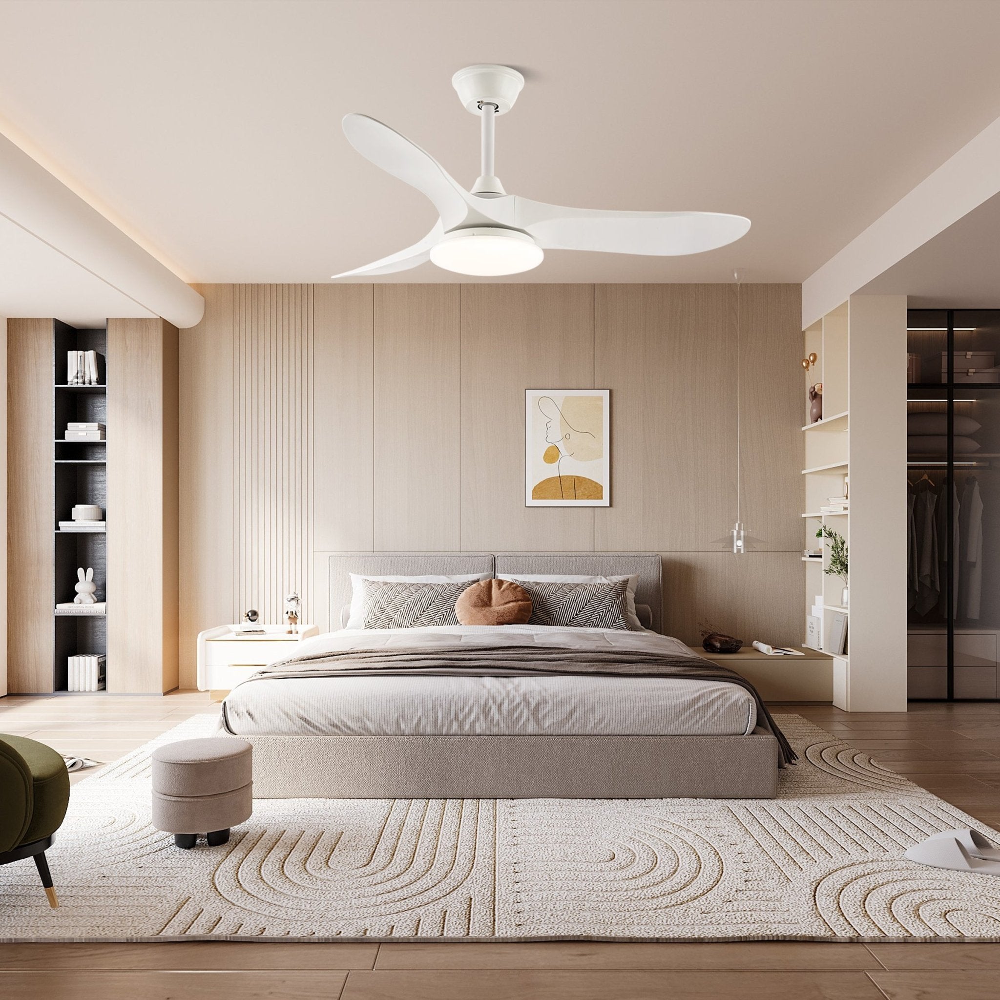 Solid wood ceiling fan light viewed against a pale ceiling