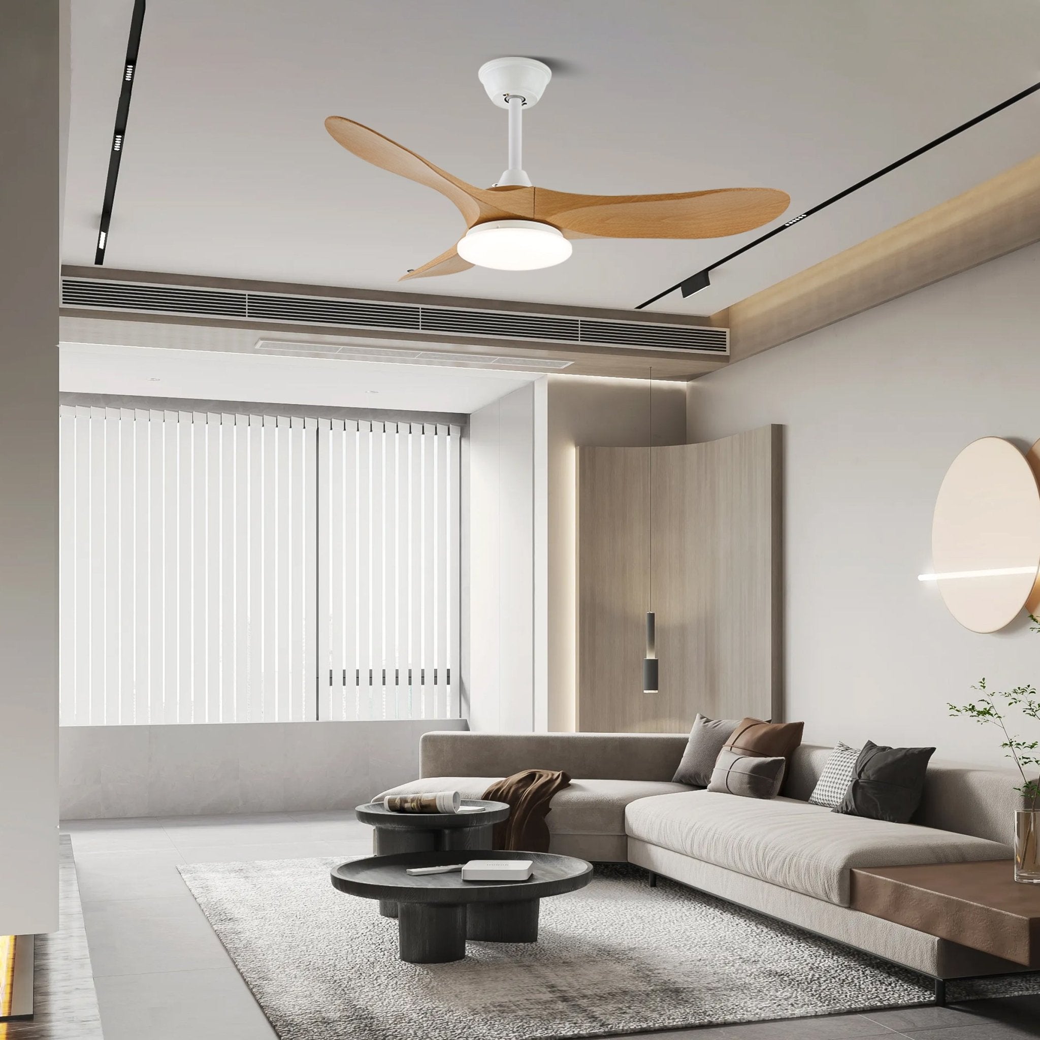 Wood-grain ceiling fan light with integrated LED light panel