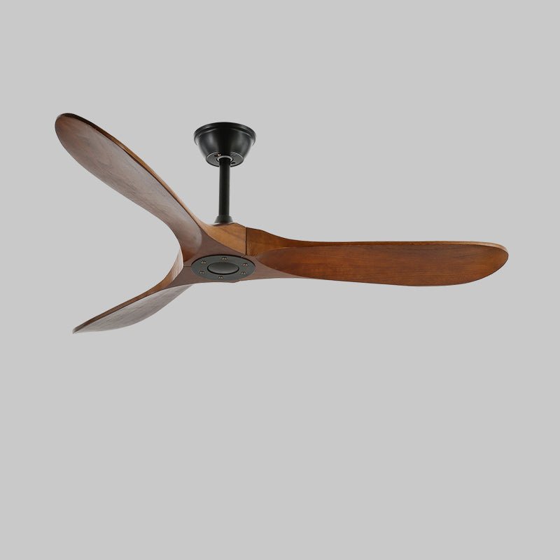 Wooden blade ceiling fan seen from below against a white ceiling