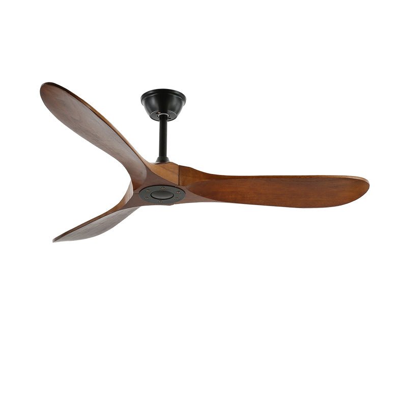 Ceiling fan with wooden propeller blades mounted in a bright room