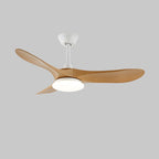 Ceiling fan light shown from below with wooden blades and lit centre