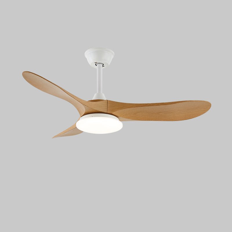 Ceiling fan light shown from below with wooden blades and lit centre