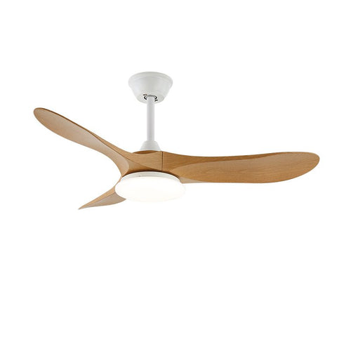 Wood-blade ceiling fan light glowing warm above a styled living space