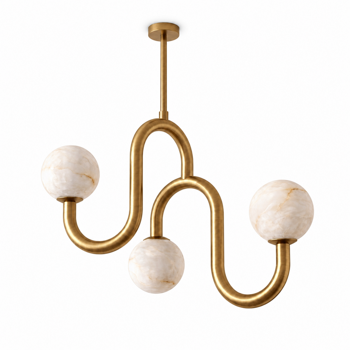 Seen from below on white, this Clérachic chandelier's brass tube drops from a round ceiling mount before splitting toward three globes.