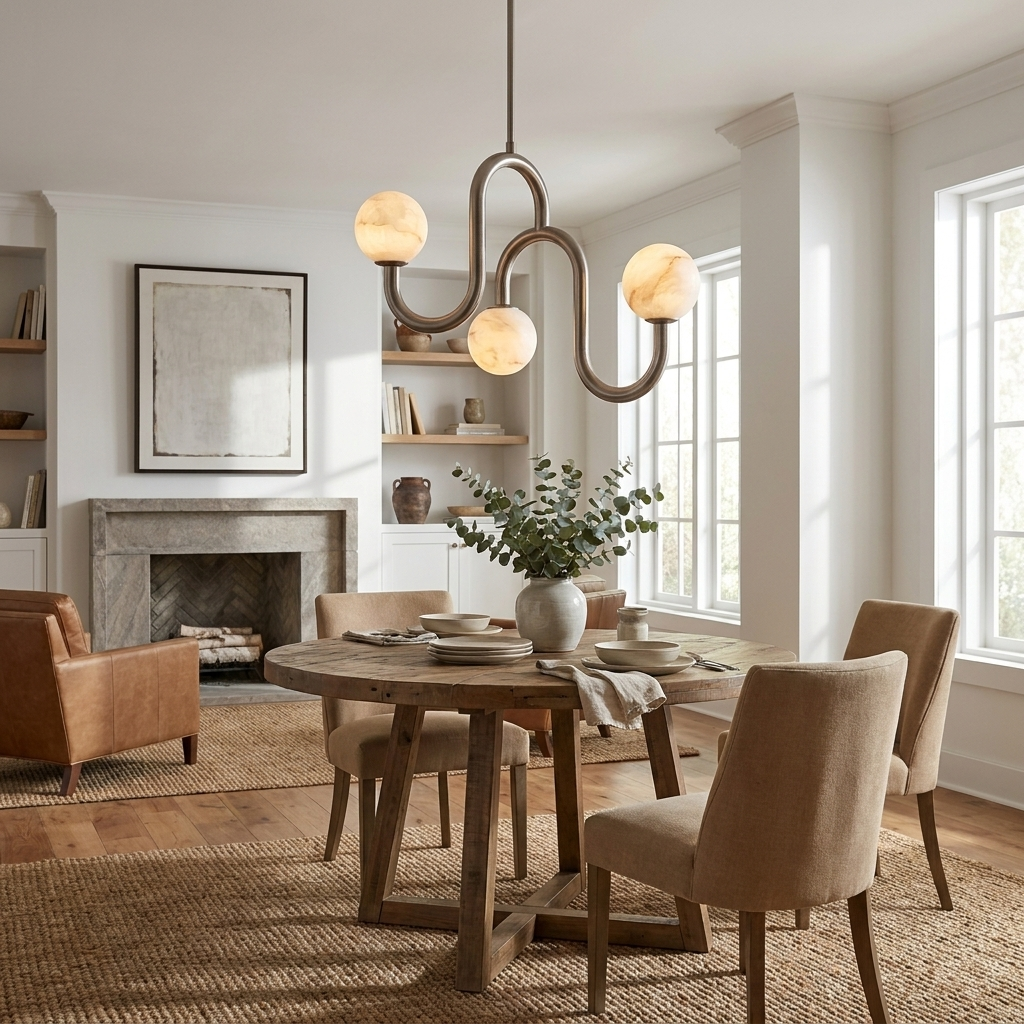 Beside a stone fireplace and wooden dining table, this Clérachic chandelier's black finish glows warmly through its alabaster globes.