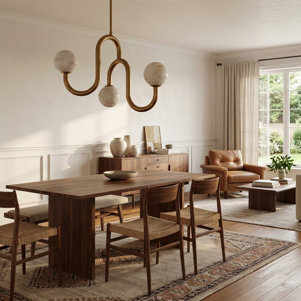 Over a dark wood dining table on a patterned rug, the brass-finish chandelier from Clérachic hangs beside mid-century-style chairs.