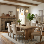 Under exposed ceiling beams, this Clérachic chandelier's black finish lights a dining room with a stone fireplace and patterned rug.