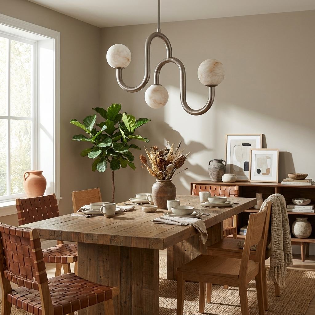 Hanging over a dining table with woven-leather chairs and a potted fig, the nickel finish of this Clérachic chandelier reflects the daylight.