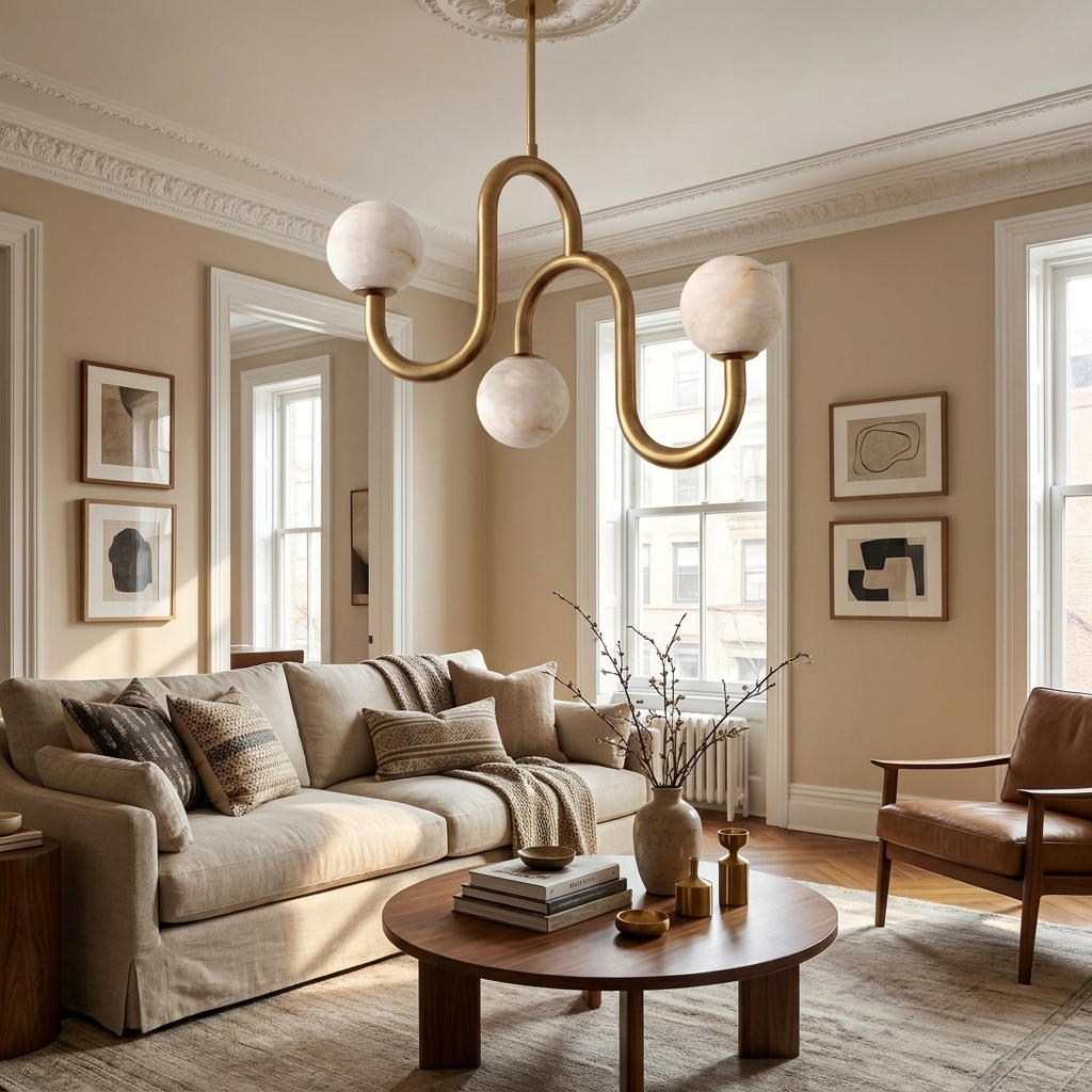 In a sunlit living room with a beige sofa and framed prints, this Clérachic chandelier's brass finish glows above the seating area.