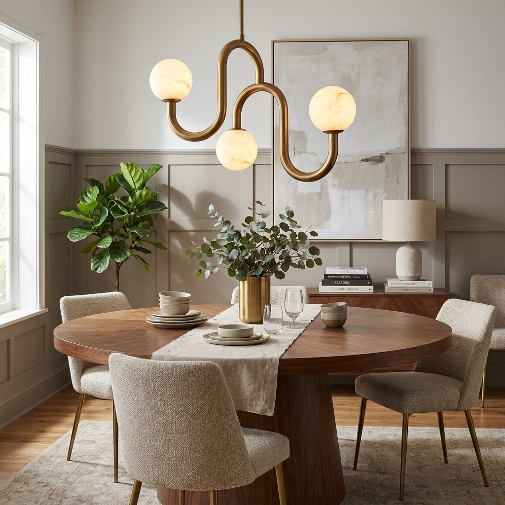 In a dining room with framed wall art and a potted plant, the brass-finish chandelier from Clérachic glows softly over the table.