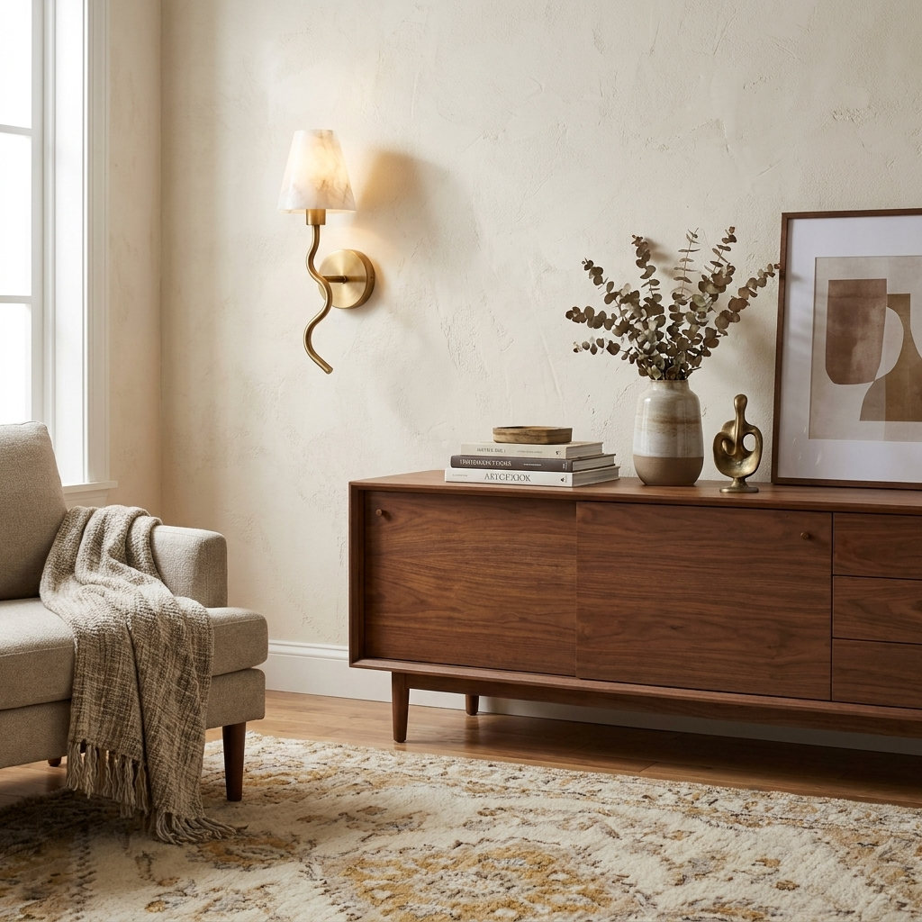 Above a console with books and a vase, this Clérachic wall sconce in brushed brass lights a sitting area beside a cream chair with a throw.