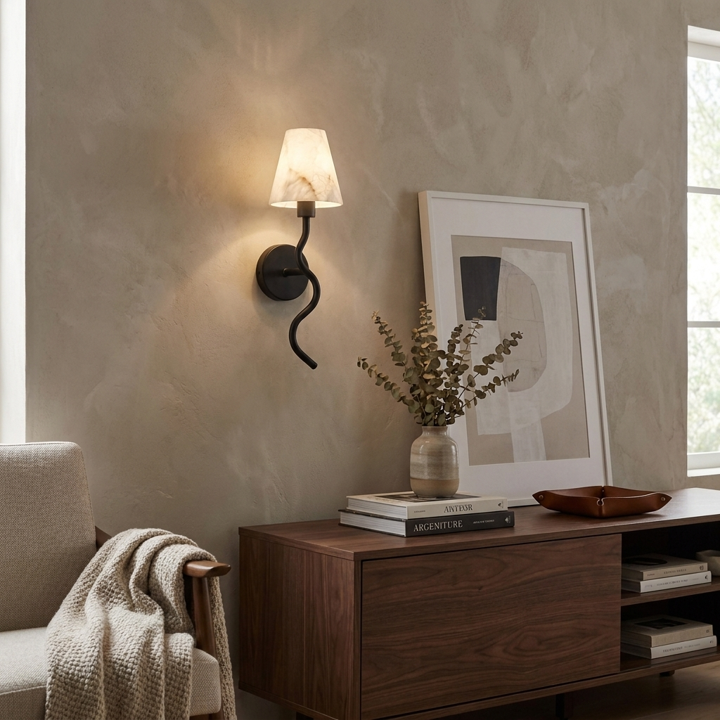 On a dark plaster wall above a console with framed abstract art, this Clérachic wall sconce in matte black lights a sitting area.