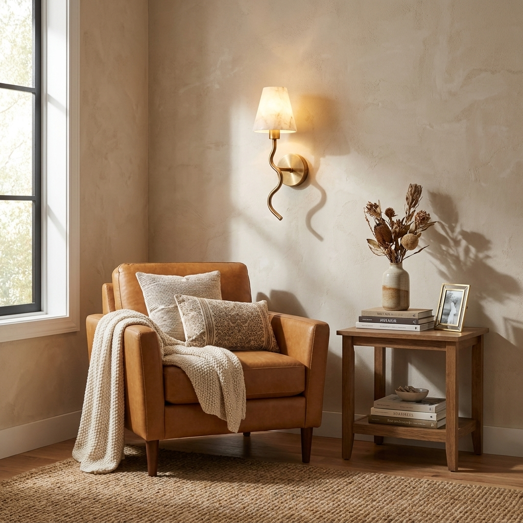 In a textured plaster corner beside an orange leather armchair, this Clérachic wall sconce in brushed brass sits lit above a small wood side table.