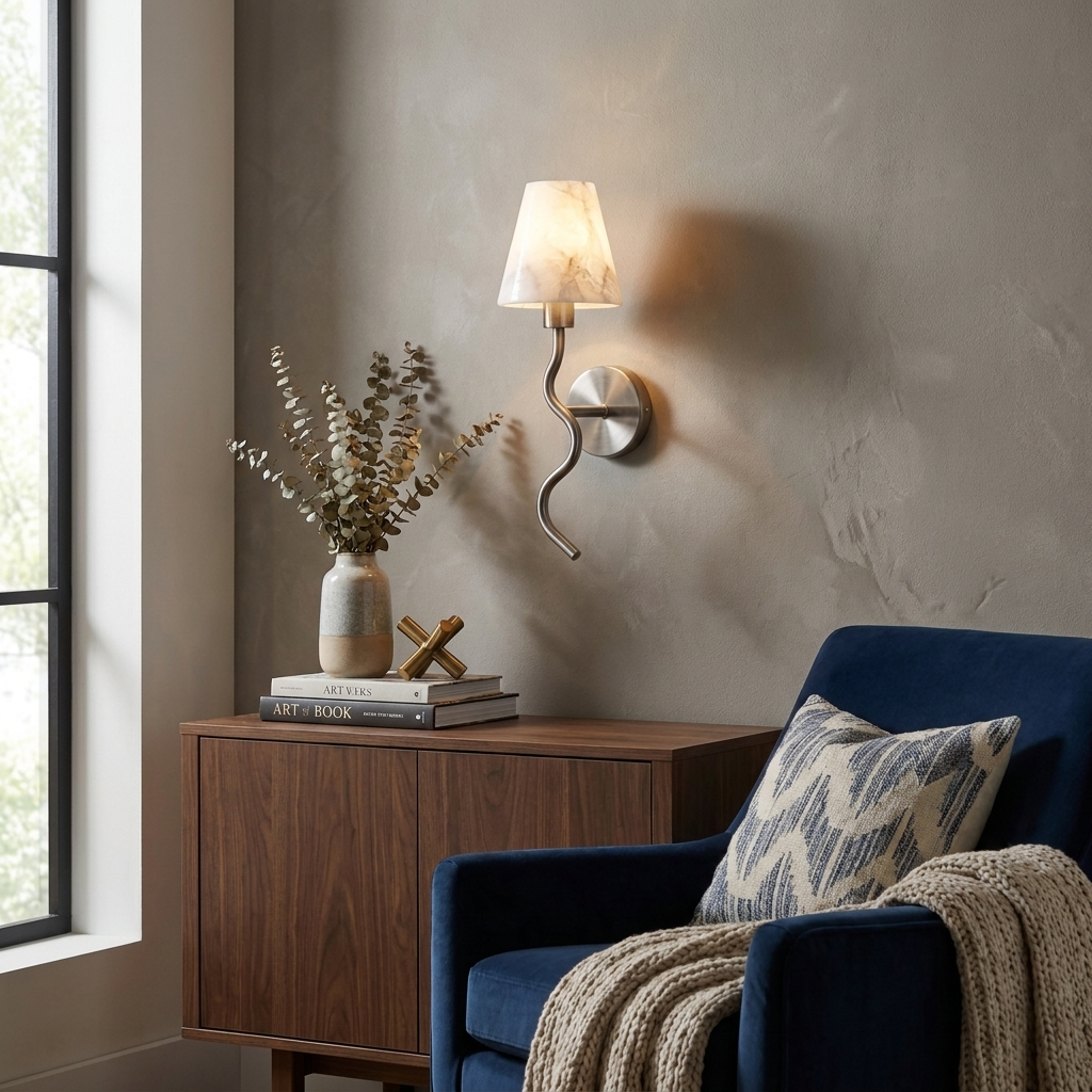On a charcoal plaster wall above a console with a sculptural accent, this Clérachic wall sconce in brushed nickel sits lit beside a navy armchair.