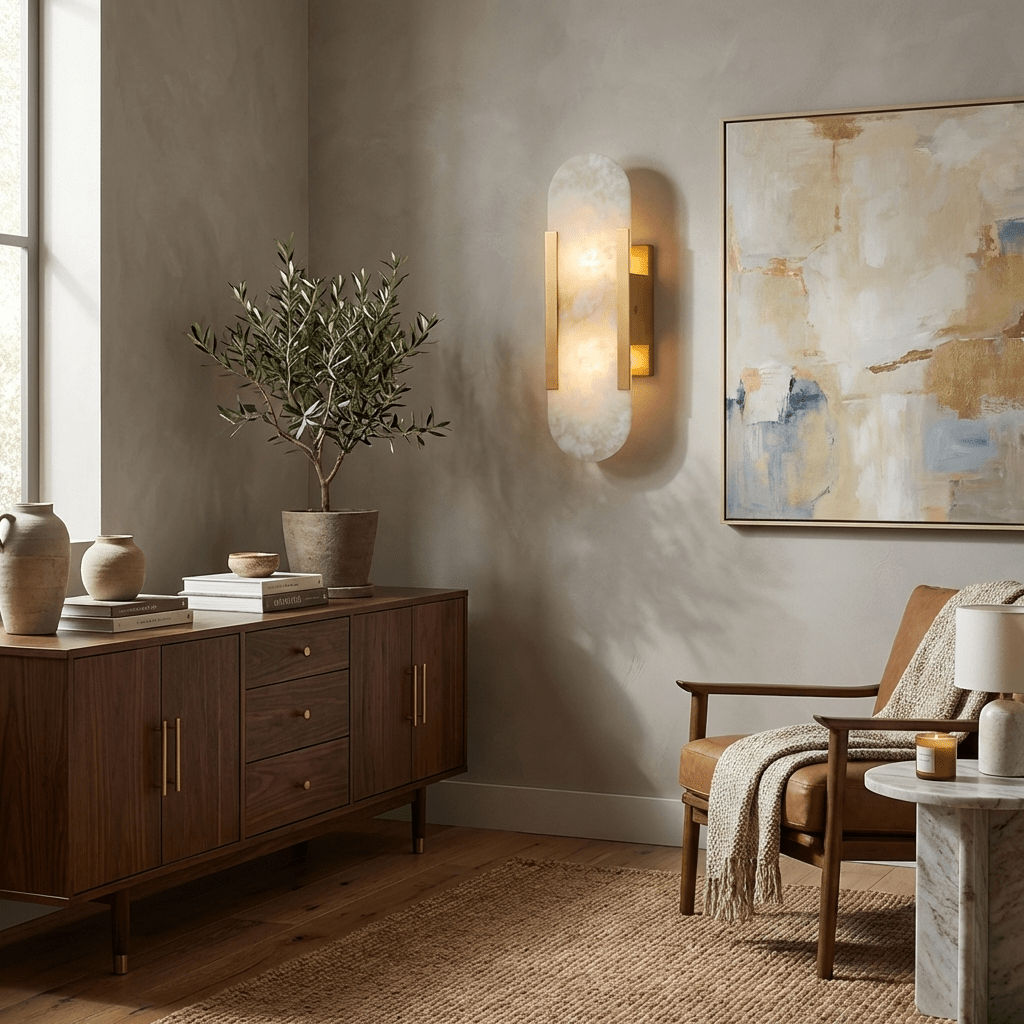 Elongated alabaster sconce with brass finish and veined shade
