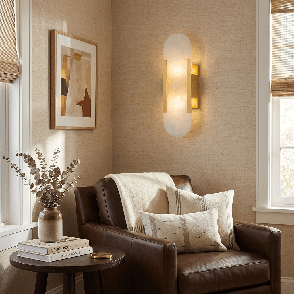 Natural alabaster wall lamp showing unique stone veining