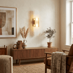 Alabaster wall sconce casting a gentle glow in a calm room
