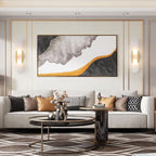 A Clérachic pair of Olraeia sconces flanking a large abstract canvas above a white sofa in a formal living room