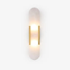 Clérachic brass Olraeia Alabaster Wall Sconce lit on a plain white background, shown flat-on for full proportions