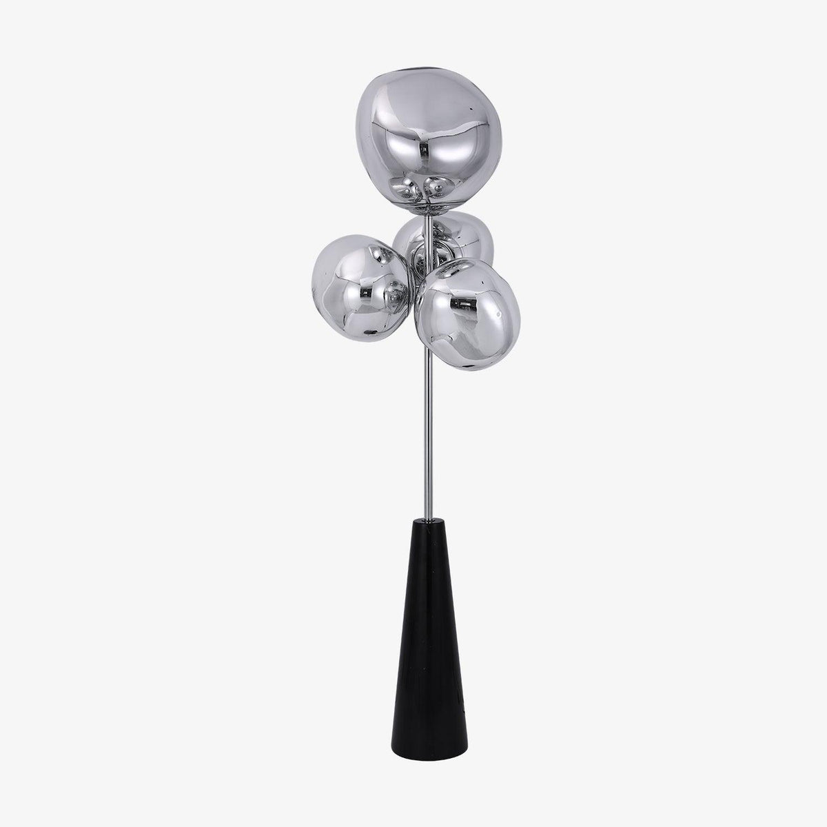 A compact, unlit product shot of this Clérachic floor lamp in mirror-chrome, its globes and black conical base set on a plain light backdrop.