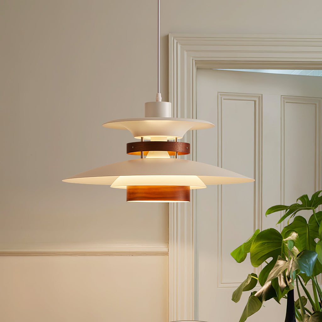 A white Clérachic pendant hangs near a panelled doorway with a large leafy plant.