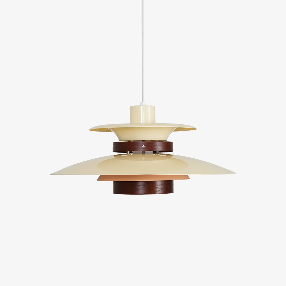 A beige Clérachic pendant with a walnut ring, unlit, on a plain grey backdrop.