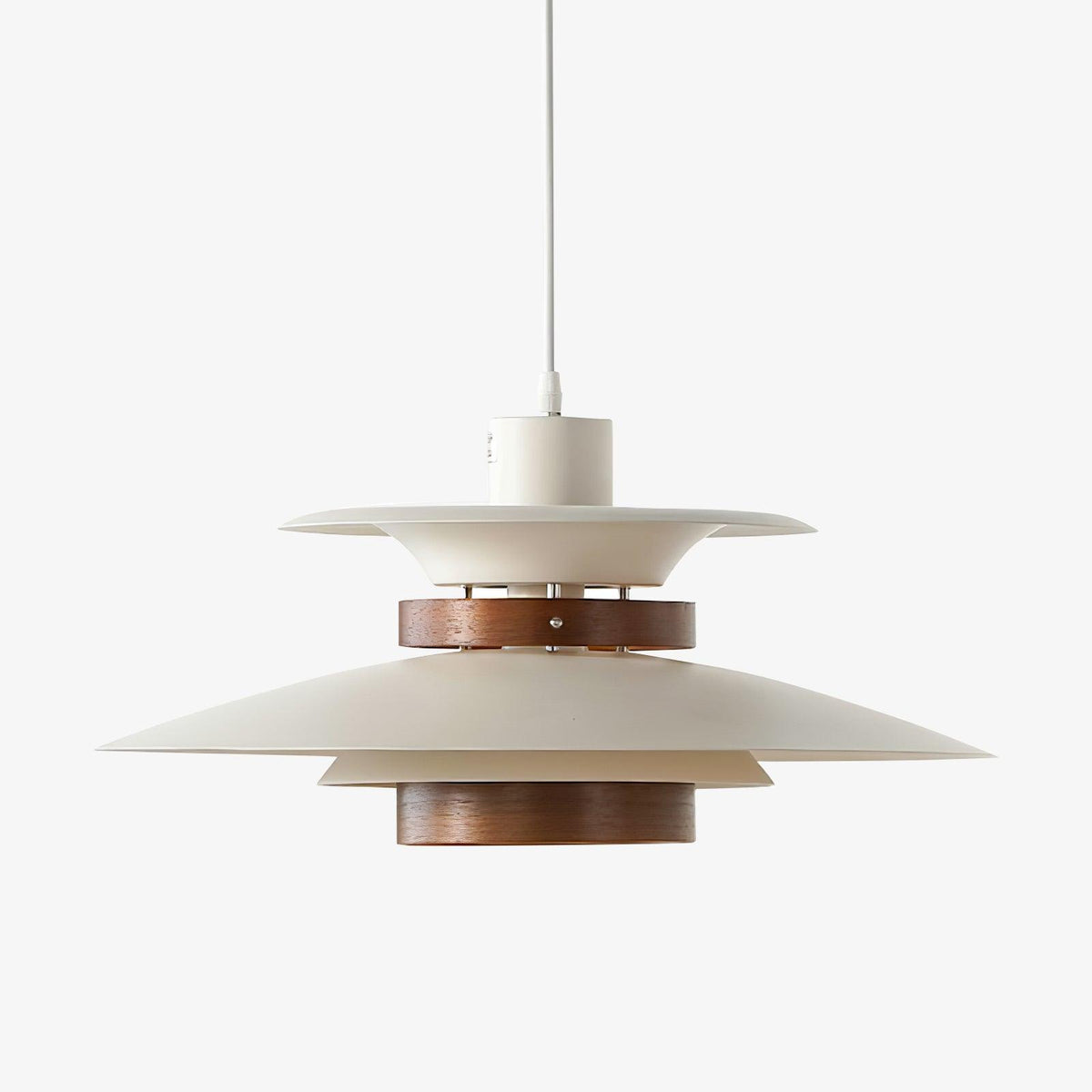 A white Clérachic pendant on a long cord, unlit, against a plain grey backdrop.