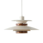 Wide view of the tiered beige shades and walnut ring on this Clérachic pendant, unlit.