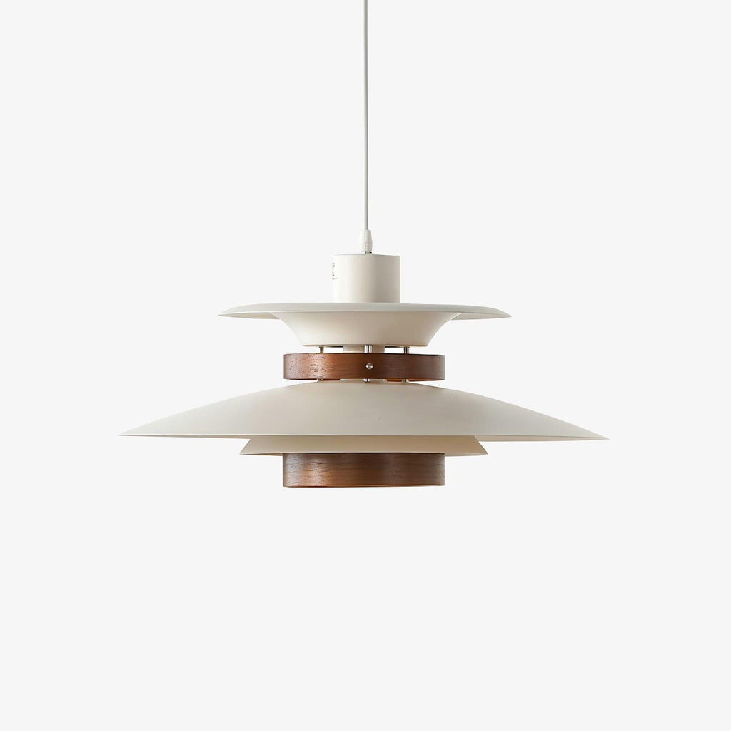 A white Clérachic pendant with a walnut ring, unlit, against a plain grey backdrop.