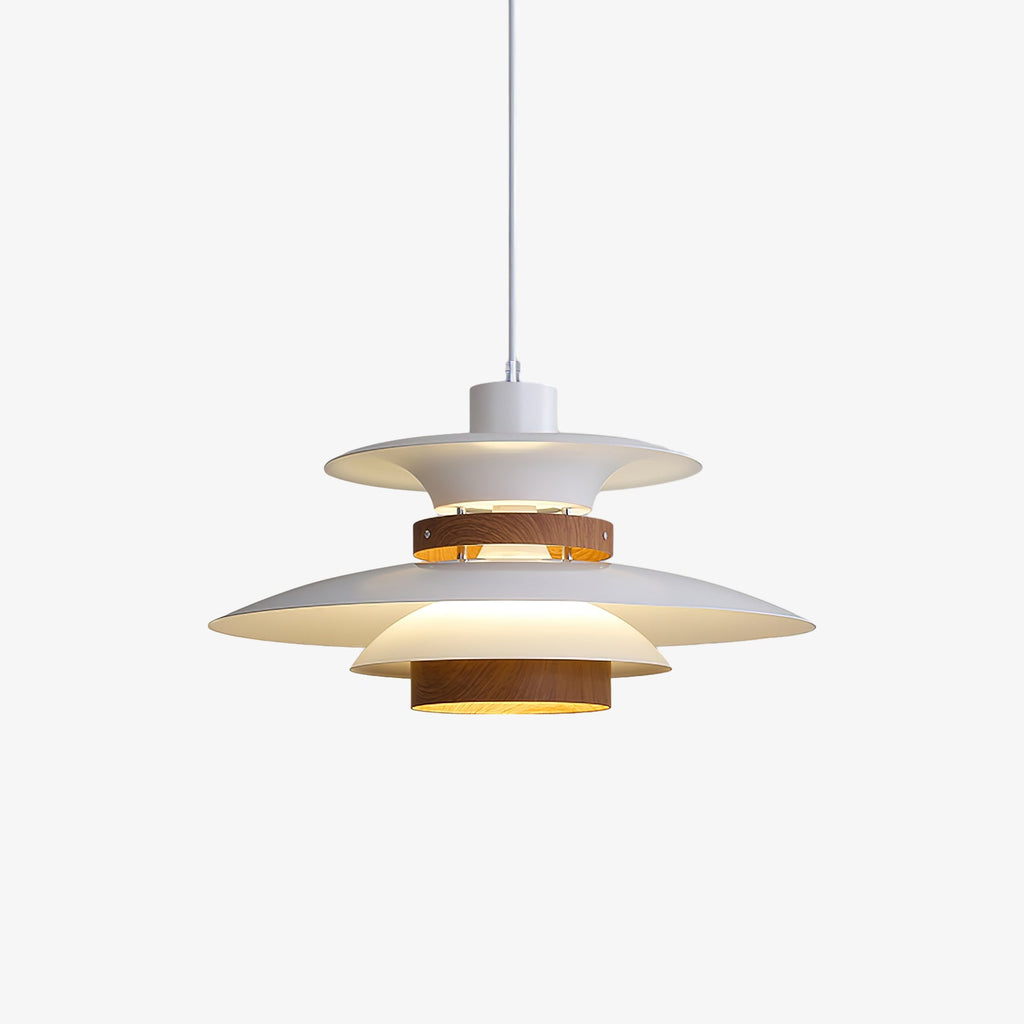 White metal shades on walnut rings, lit, on this Clérachic pendant against a plain backdrop.