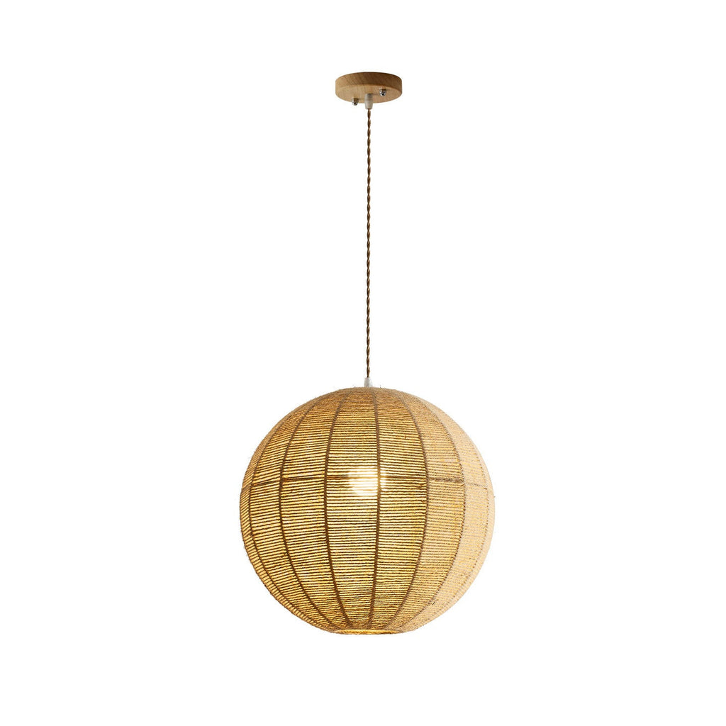 Mounted on a round wood canopy, this hemp rope Clérachic pendant hangs against a plain white backdrop.