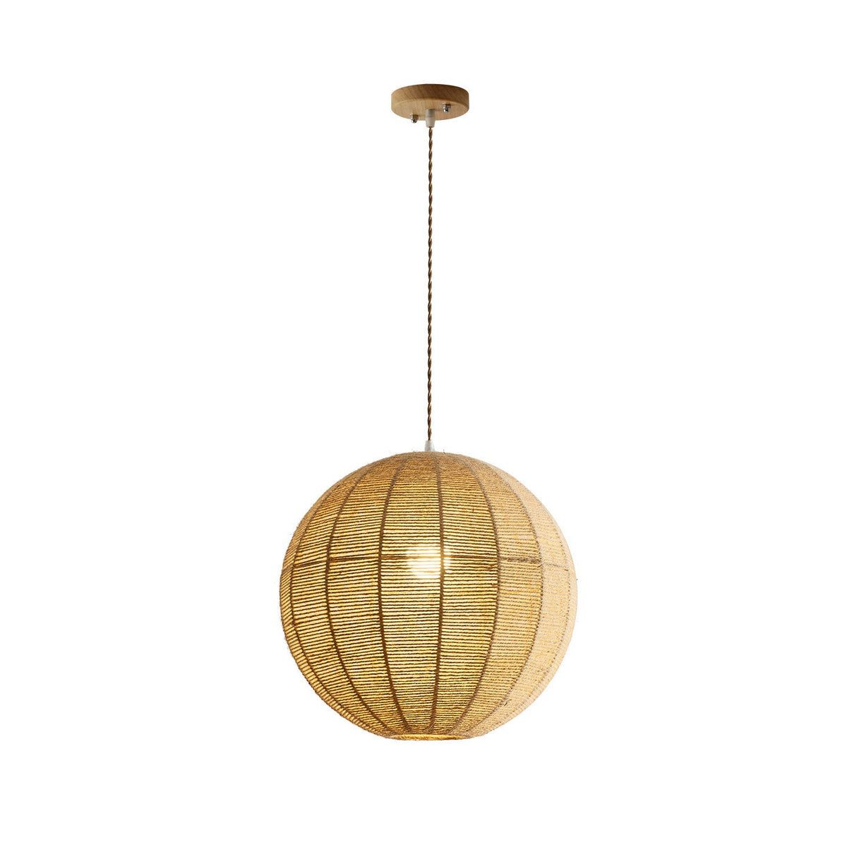 Mounted on a round wood canopy, this hemp rope Clérachic pendant hangs against a plain white backdrop.